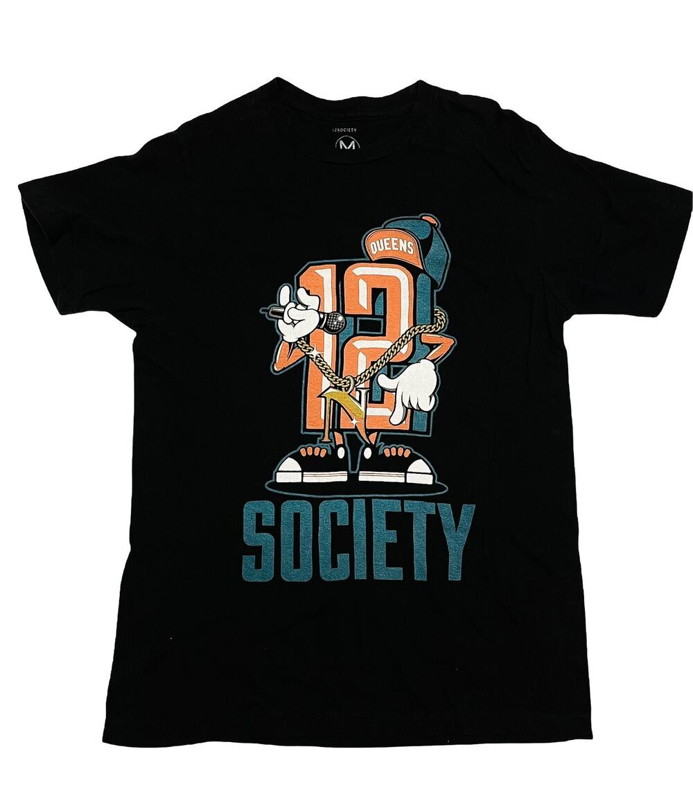 12 Society Queens NYC Streetwear Graphic T-Shirt Men's Medium Black Hip Hop